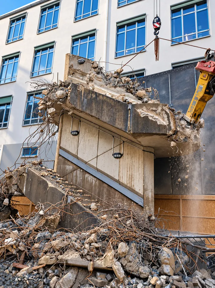 Zweigeschossiger Treppenturm aus Stahlbeton mit Geländern vor der Fassade eines Hochschulgebäudes in Köln-Müngersdorf, vor dem Rückbau