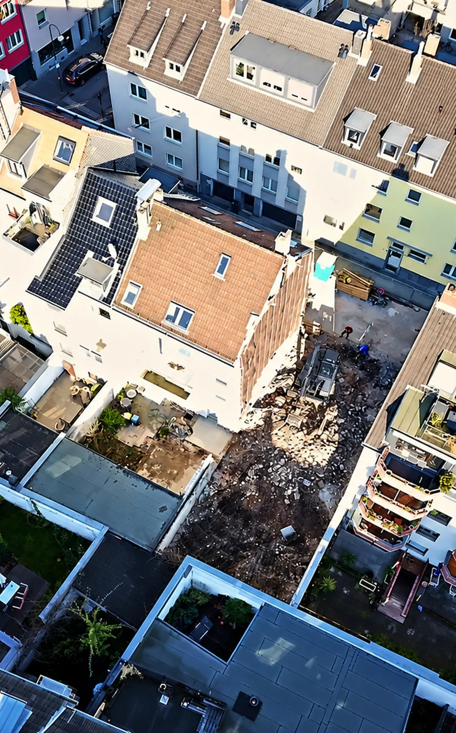 Schrägansicht vom Hof auf die Baulücke im Glockenring mit Bagger und der freiliegenden Brandwand des Nachbarhauses