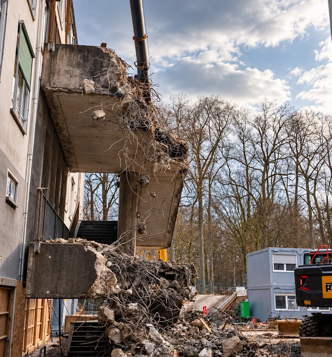Fluchttreppenturm aus Stahlbeton mit halbrunden Podesten an einem Hochschulgebäude im Sportpark Köln-Müngersdorf, vor dem Rückbau