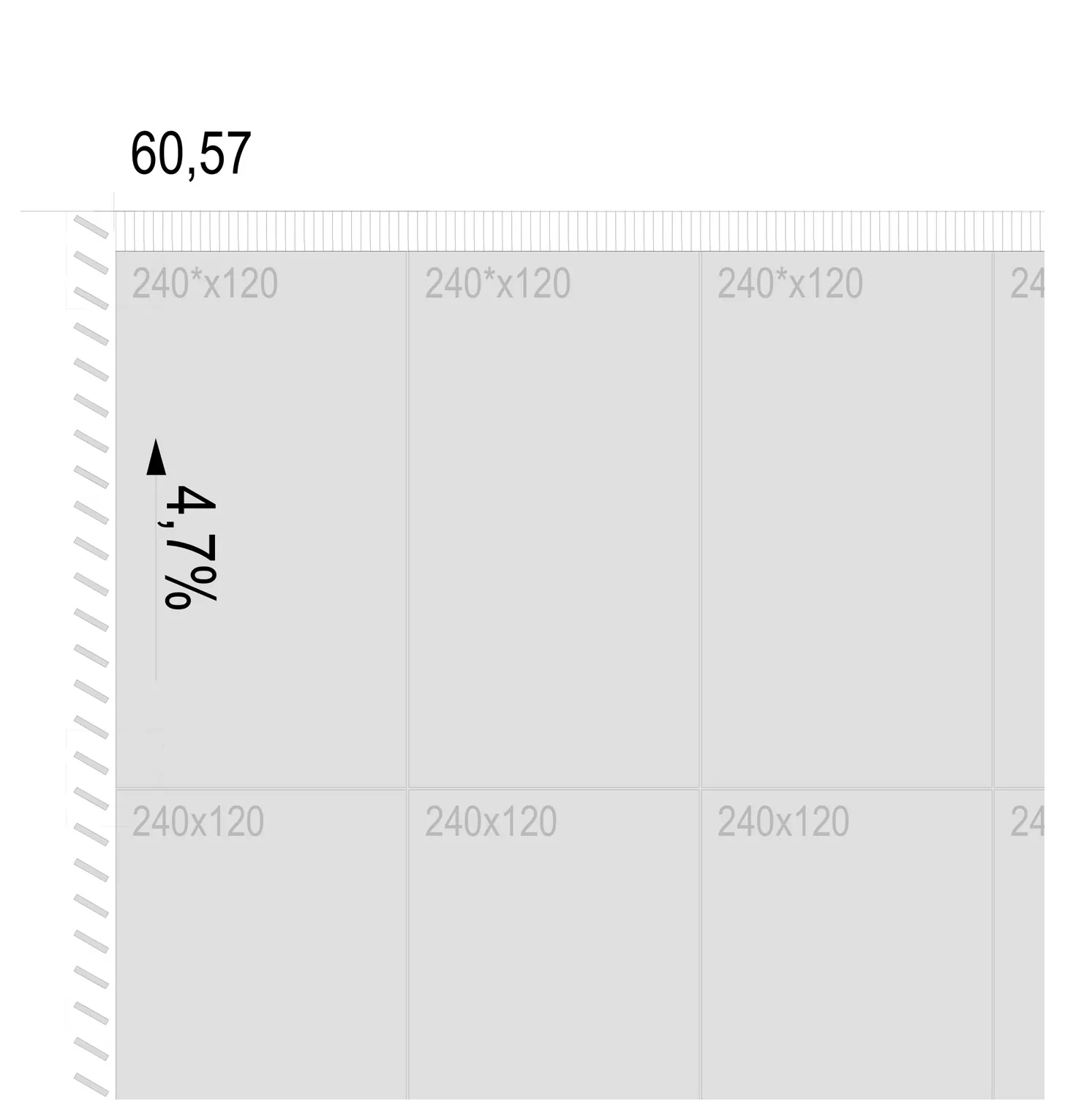 Ausschnitt aus dem Verlegeplan, Variante längs: Platten im Format 240 mal 120 Zentimeter, dazu die Höhe 60,57 und ein Gefällepfeil mit 4,7 Prozent
