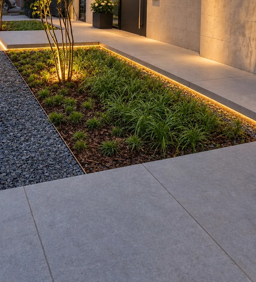 Gartengestaltung in Köln: Hauseingang in der Abenddämmerung, eine Lichtvoute unter der Stufe beleuchtet ein Beet aus Gräsern, davor Splitt und großformatige Platten