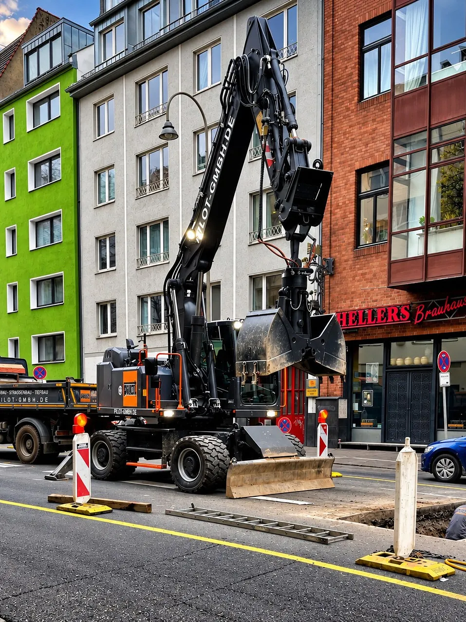Hausanschluss in der Kölner Innenstadt, Bagger hinter gelber Markierungsfolie, die die Fahrspuren neu ordnet