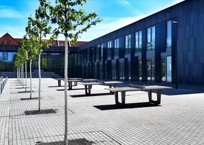 Gepflasterter Schulhof mit einer Reihe junger Bäume und mehreren Betontischtennisplatten vor der dunklen Fassade des Schulgebäudes