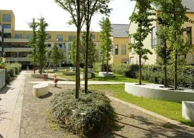Wohnhof mit heller Kiesfläche, Bäumen in runden Betoneinfassungen und Rasenstreifen, im Hintergrund ein hölzernes Spielgerät