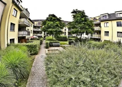 Innenhof mit dichten Gräser- und Strauchpflanzungen, geschnittenen Heckenblöcken, schmalem Pflasterweg und einer Bank unter Bäumen