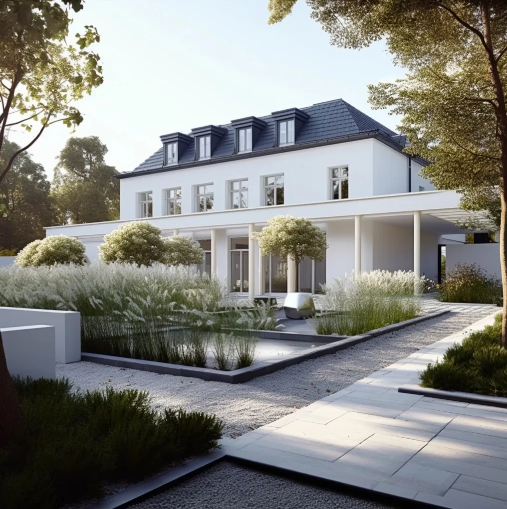 Moderne Villa mit von der PILOT GmbH geplanter Gartenarchitektur in Köln