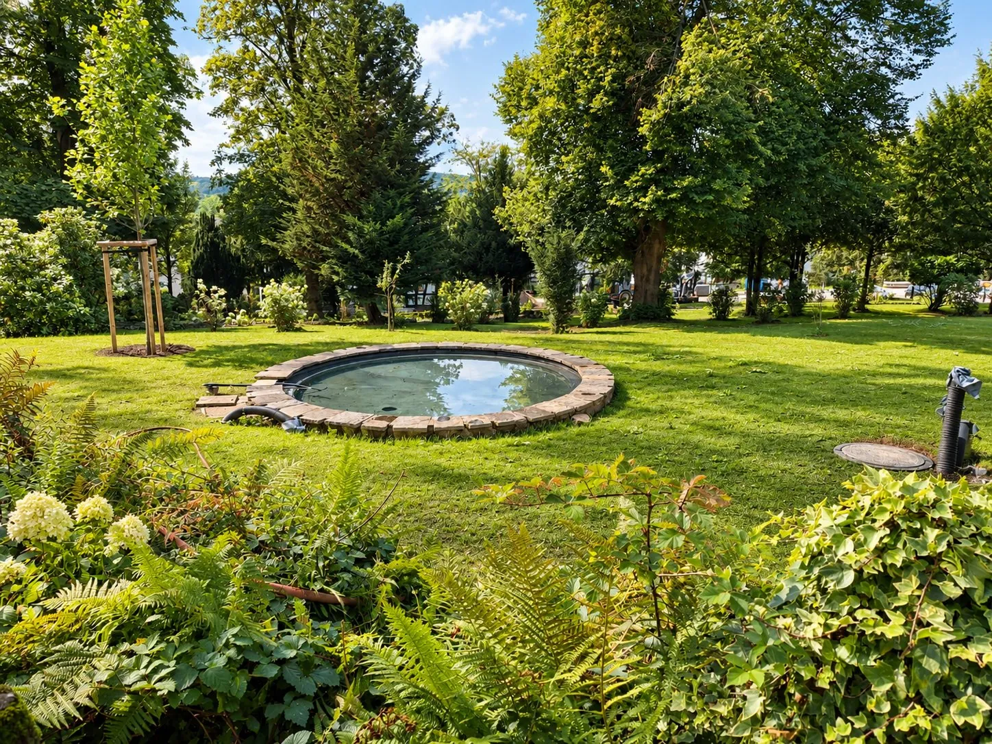 Runder Teich mit Natursteineinfassung in der Rasenfläche des Parkensembles Schaaffhausen, umgeben vom alten Baumbestand des englischen Parks