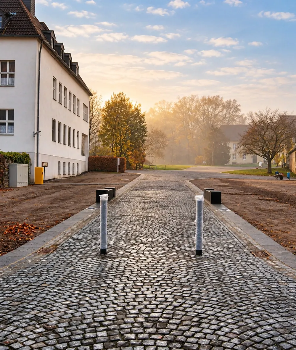 Graues Rechteckpflaster im Fischgrätverband mit Kantenstein am Rasen vor einem Wohnhaus in Köln-Dünnwald