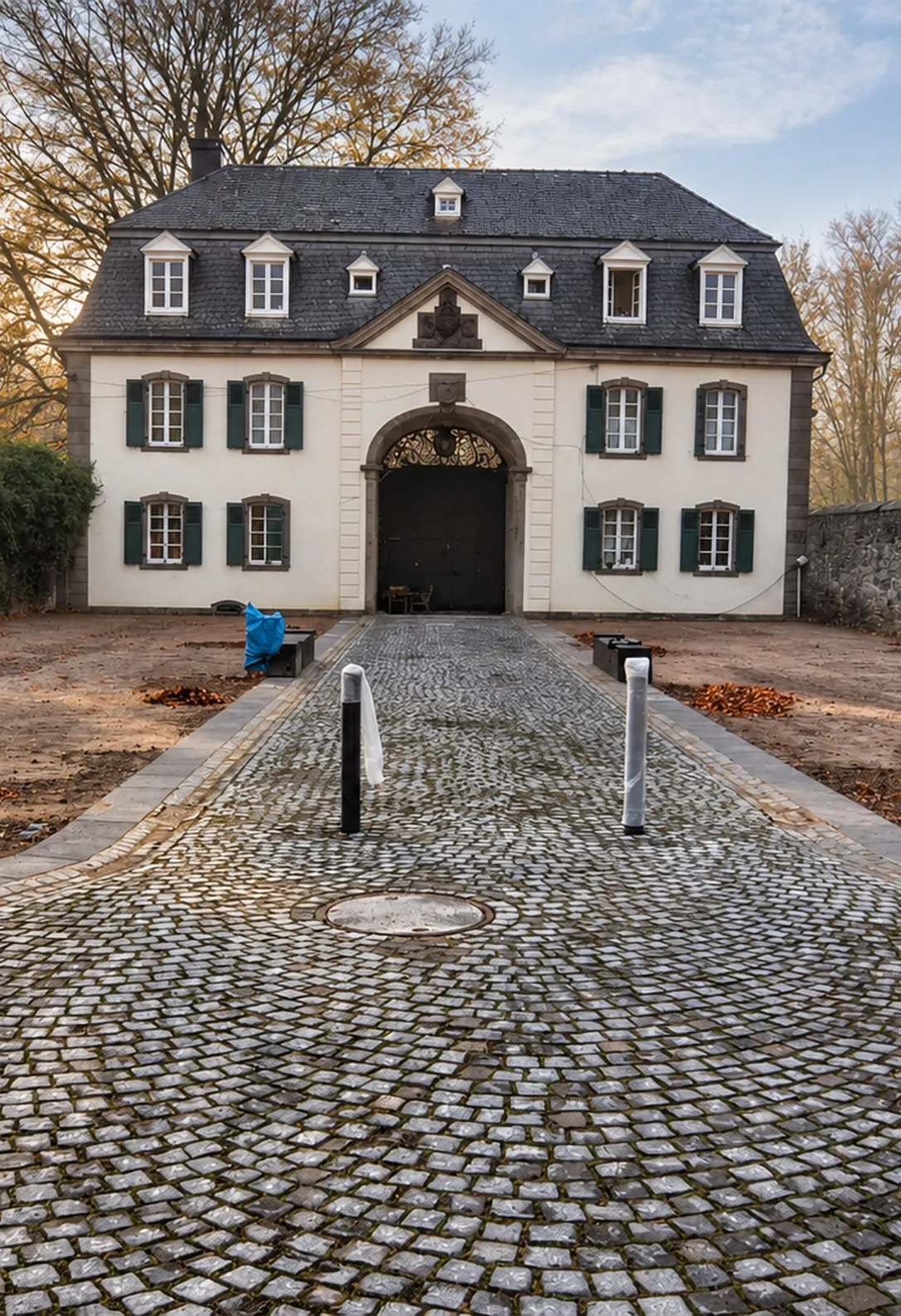 Natursteinpflaster mit Kiesweg, Rasen und einer Einfassung aus Pflastersteinen in einem Garten in Köln-Lindenthal