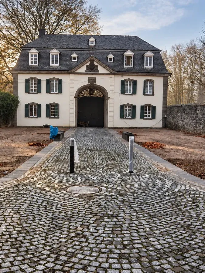 Natursteinpflaster in Segmentbögen auf der Zufahrt zum Torhaus des Klosters Heisterbach, eingefasst von Natursteinborden