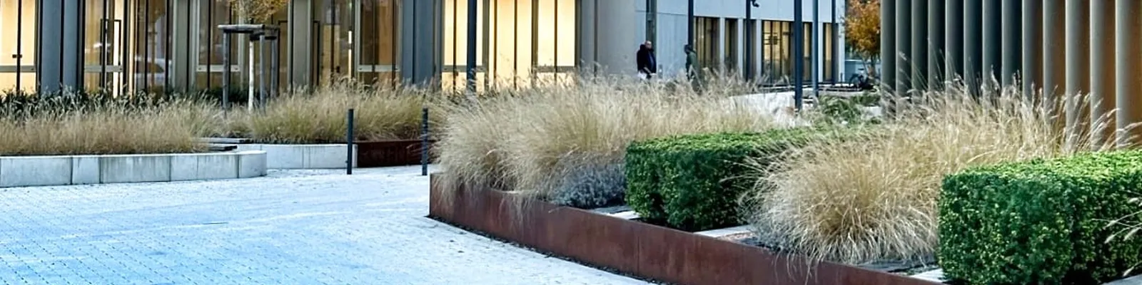 Vorplatz eines Bürogebäudes in Köln-Wahn mit hellem Betonpflaster, Sitzblöcken, Gräserpflanzung und Pollern vor der Lamellenfassade