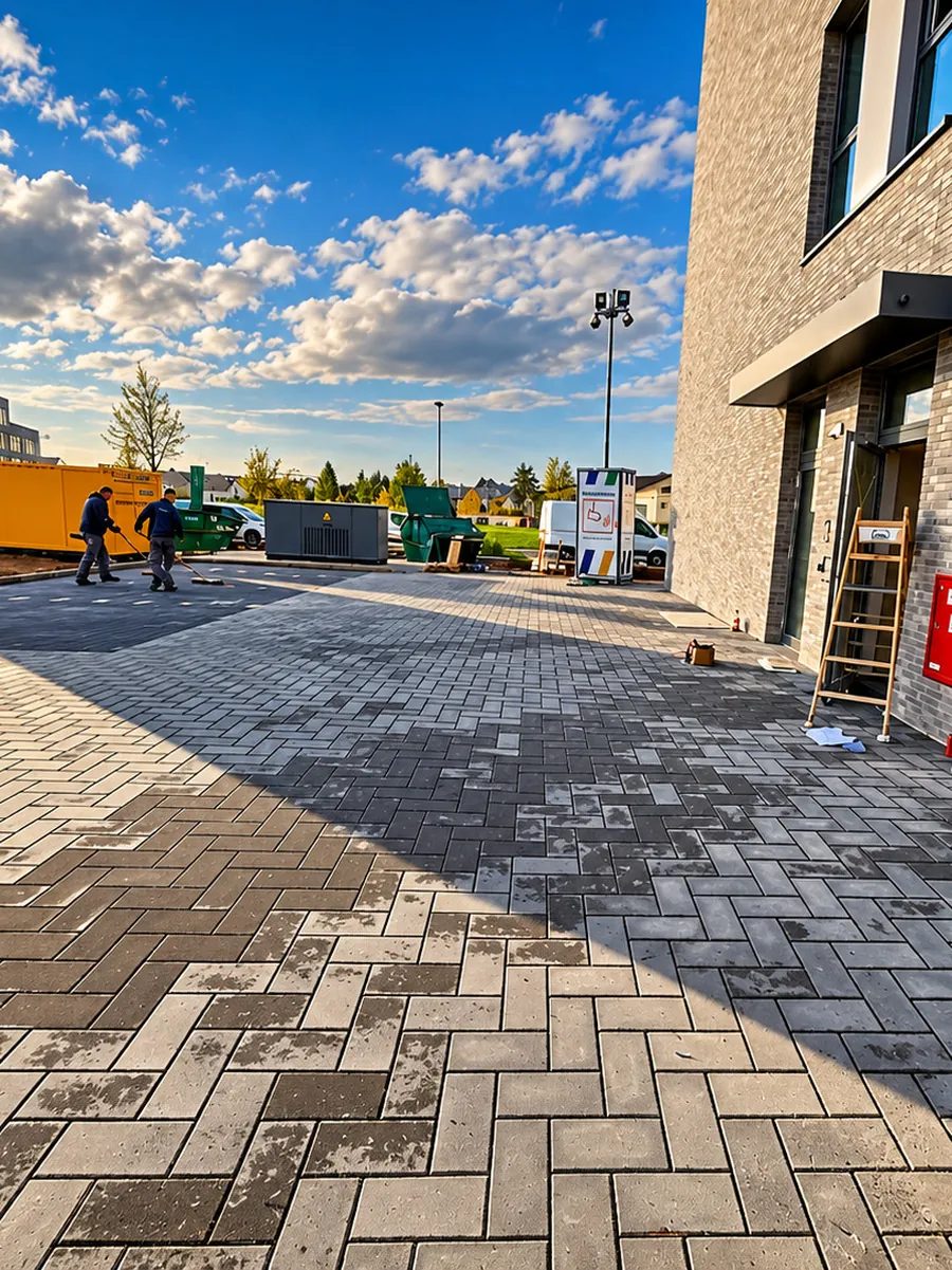 Dunkles Betonpflaster im Fischgrätverband entlang einer Hotelfassade aus grauem Klinker