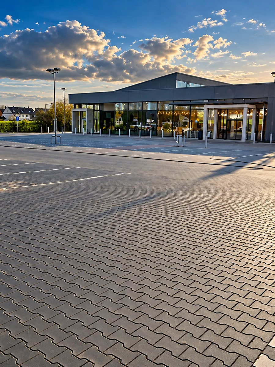 Großer Kundenparkplatz mit grauem Verbundpflaster vor einem neuen Marktgebäude, rechts die Bahnanlagen