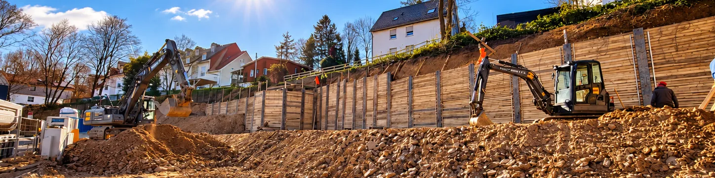 Baugrube am Steilhang in Remscheid: Berliner Verbau mit Holzausfachung zwischen Stahlträgern, davor Bagger und Minibagger, oben die Nachbarbebauung