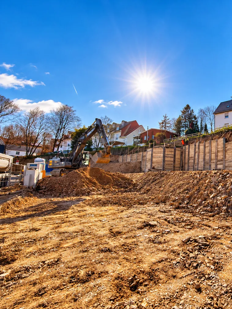 Stahlträger HEB 400 in plattigem Ton- und Sandstein an der Baugrube in Remscheid
